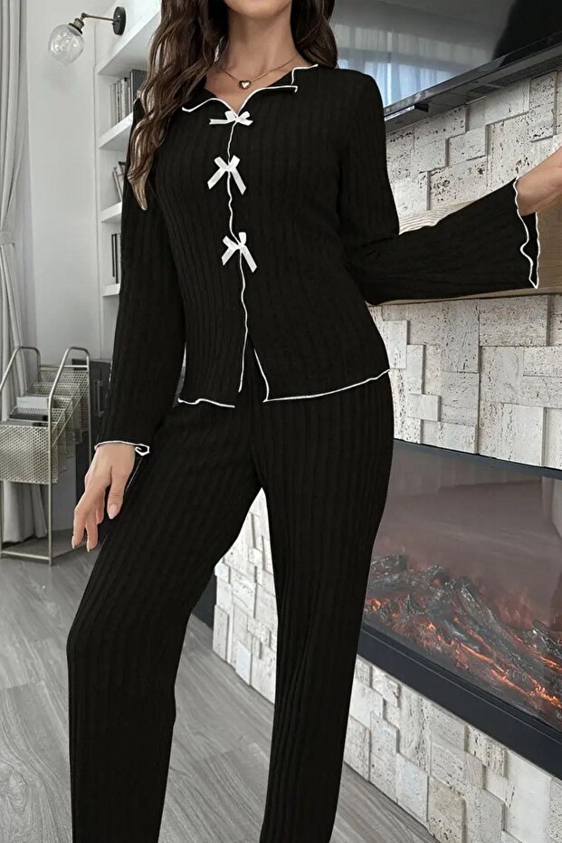 1_org_zoom-348.jpg Black Cotton Bow Detailed Long Sleeve Pajama Set - Image 1