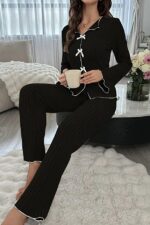 Black Cotton Bow Detailed Long Sleeve Pajama Set - Image 2