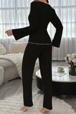 Black Cotton Bow Detailed Long Sleeve Pajama Set - Image 4