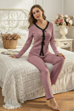 Dusty Rose Cotton Piece Long Sleeve Elegant Lace Detailed Bow Long Pajama Set