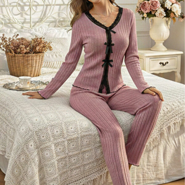 Dusty Rose Cotton Piece Long Sleeve Elegant Lace Detailed Bow Long Pajama Set