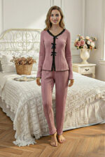 Dusty Rose Cotton Piece Long Sleeve Elegant Lace Detailed Bow Long Pajama Set - Image 2