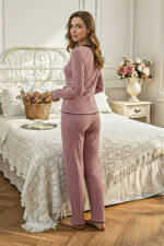 Dusty Rose Cotton Piece Long Sleeve Elegant Lace Detailed Bow Long Pajama Set - Image 3