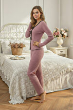 Dusty Rose Cotton Piece Long Sleeve Elegant Lace Detailed Bow Long Pajama Set - Image 4