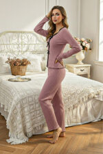 Dusty Rose Cotton Piece Long Sleeve Elegant Lace Detailed Bow Long Pajama Set - Image 5
