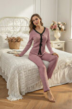 Dusty Rose Cotton Piece Long Sleeve Elegant Lace Detailed Bow Long Pajama Set - Image 6