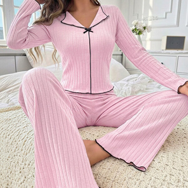 Pink Cotton Piece Black Overlock and Bow Detail Long Sleeve Pajama Set