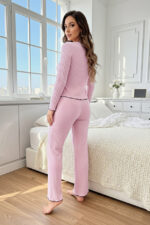 Pink Cotton Piece Black Overlock and Bow Detail Long Sleeve Pajama Set - Image 6