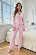 Pink Cotton Piece Black Overlock and Bow Detail Long Sleeve Pajama Set - Image 7
