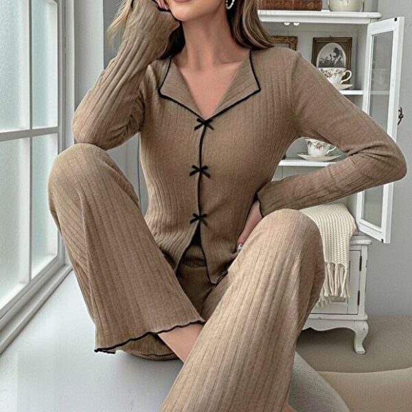 Beige Bow Detail Long Sleeve Pajama Set