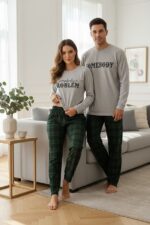 Men's Green Plaid Printed Valentine's Day Couple Pajama Set