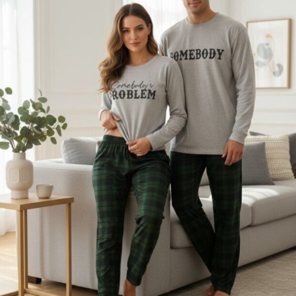 Men's Green Plaid Printed Valentine's Day Couple Pajama Set