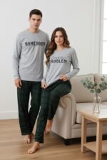 Men's Green Plaid Printed Valentine's Day Couple Pajama Set - Image 2