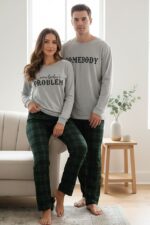 Men's Green Plaid Printed Valentine's Day Couple Pajama Set - Image 3