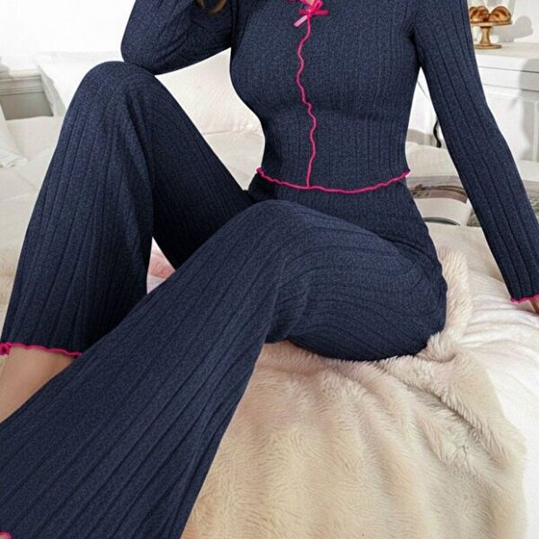 Navy Soft Cotton Bow Detail Long Pajama Set