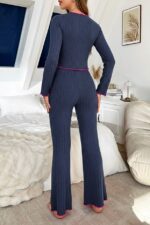 Navy Soft Cotton Bow Detail Long Pajama Set - Image 3
