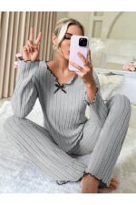 Grey Cotton Bow Detail Pajama Set