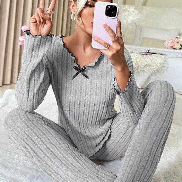 Grey Cotton Bow Detail Pajama Set