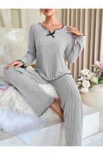 Grey Cotton Bow Detail Pajama Set - Image 2