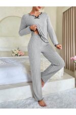 Grey Cotton Bow Detail Pajama Set - Image 5