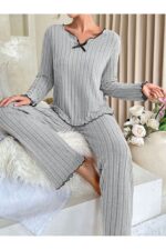 Grey Cotton Bow Detail Pajama Set - Image 6