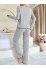 Grey Cotton Bow Detail Pajama Set - Image 7