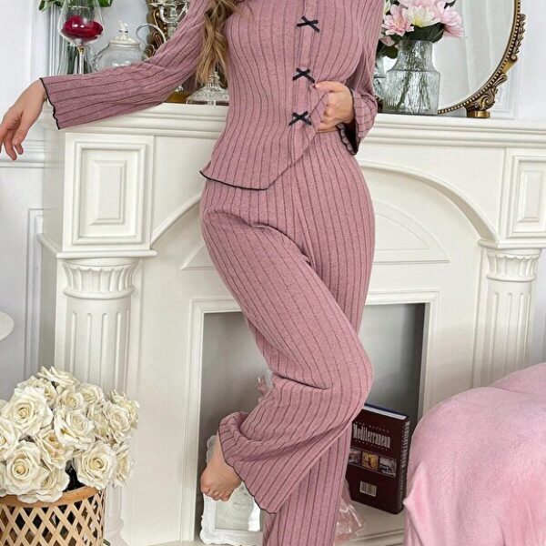 Rose Dust Cotton Bow Detail Long Sleeve Pajama Set