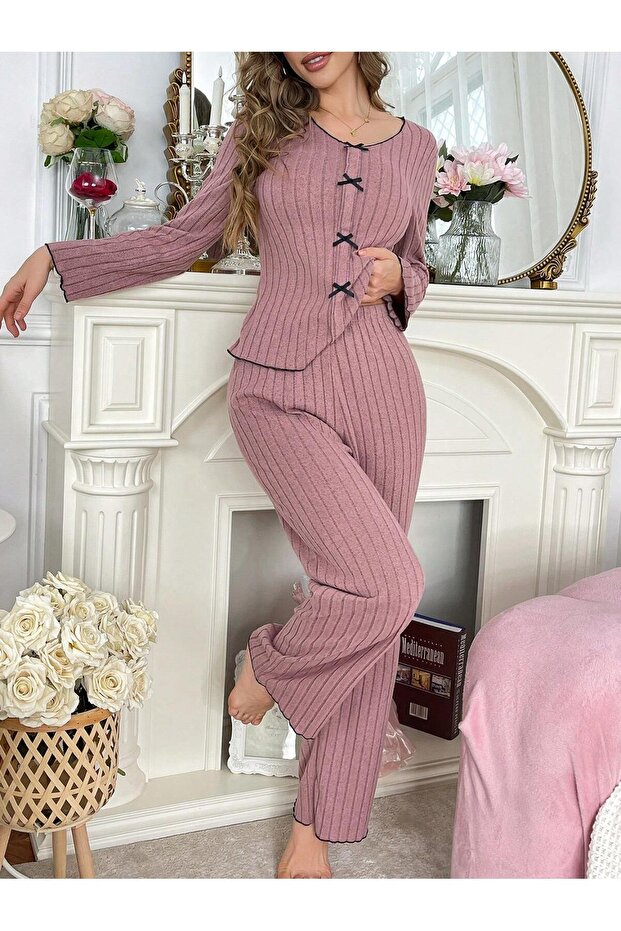 1_org_zoom-399.jpg Rose Dust Cotton Bow Detail Long Sleeve Pajama Set - Image 1