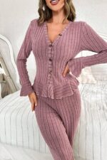 V-Neck Dusty Rose Spanish Sleeve Cotton Pajama Set - Image 2