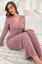 V-Neck Dusty Rose Spanish Sleeve Cotton Pajama Set - Image 4