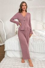 V-Neck Dusty Rose Spanish Sleeve Cotton Pajama Set - Image 5