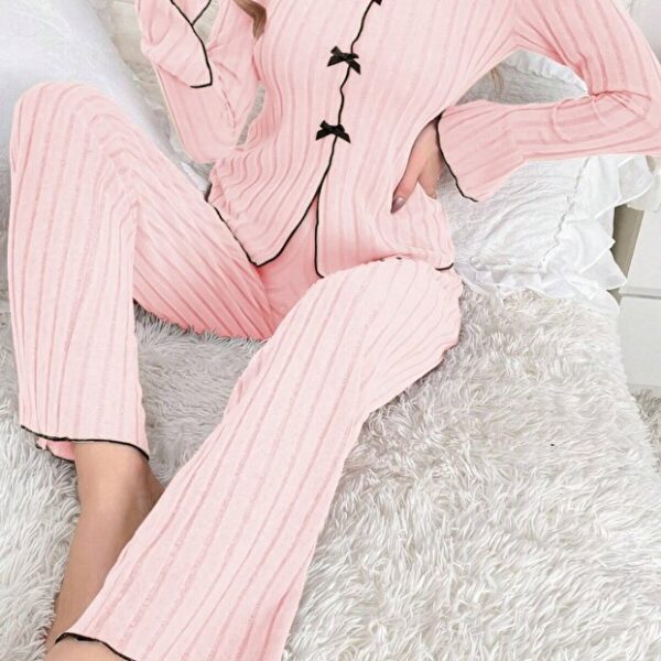 Pink Long Sleeve Pajama Set with Bow Detail