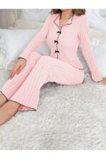 Pink Long Sleeve Pajama Set with Bow Detail - Image 5