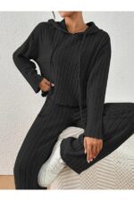 Black Corduroy Hooded Cotton Long Sleeve Pajama Set