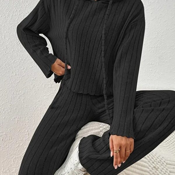 Black Corduroy Hooded Cotton Long Sleeve Pajama Set