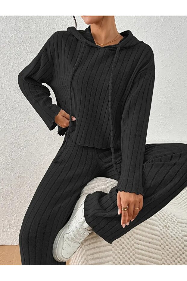 1_org_zoom-422.jpg Black Corduroy Hooded Cotton Long Sleeve Pajama Set - Image 1