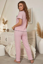 Pink Cotton Piece Black Overlock and Bow Detail Short Sleeve Pajama Set - Image 4
