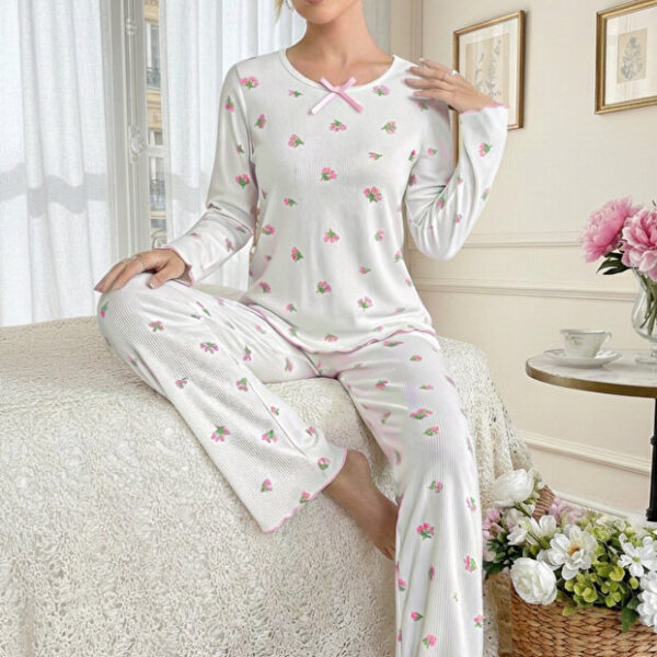 Cotton Bowknot Detailed Pink Long Sleeve Pajama Set