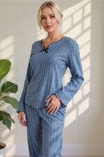 Indigo Cotton Pajama Set with Bow Detail - Image 2