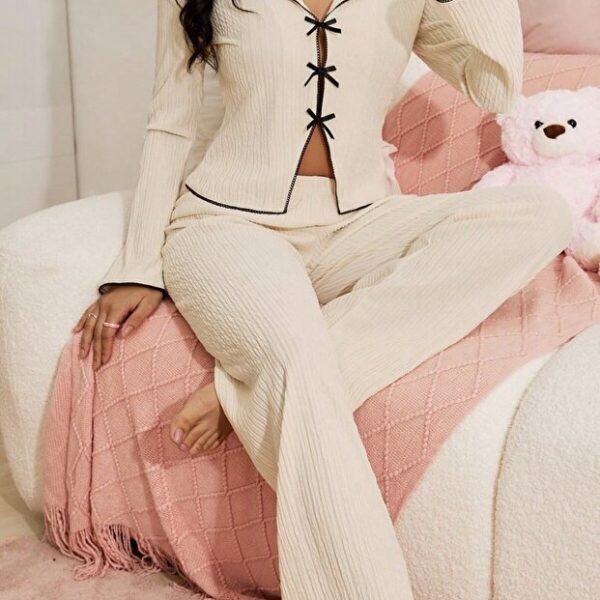 Women's Slit Detailed Bow Seasonal Pajama Set
