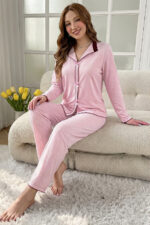 Pink Cotton Piece Long Sleeve Elegant Lace Detailed Bow Long Pajama Set