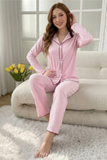Pink Cotton Piece Long Sleeve Elegant Lace Detailed Bow Long Pajama Set - Image 2
