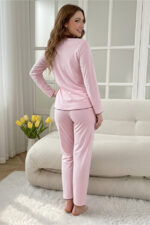 Pink Cotton Piece Long Sleeve Elegant Lace Detailed Bow Long Pajama Set - Image 3