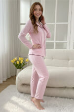 Pink Cotton Piece Long Sleeve Elegant Lace Detailed Bow Long Pajama Set - Image 4