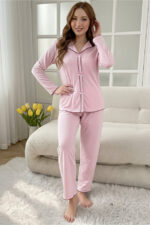 Pink Cotton Piece Long Sleeve Elegant Lace Detailed Bow Long Pajama Set - Image 5