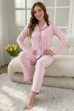 Pink Cotton Piece Long Sleeve Elegant Lace Detailed Bow Long Pajama Set - Image 6