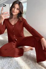 V-Neck Cotton Burgundy Buttoned Long Pajama Set