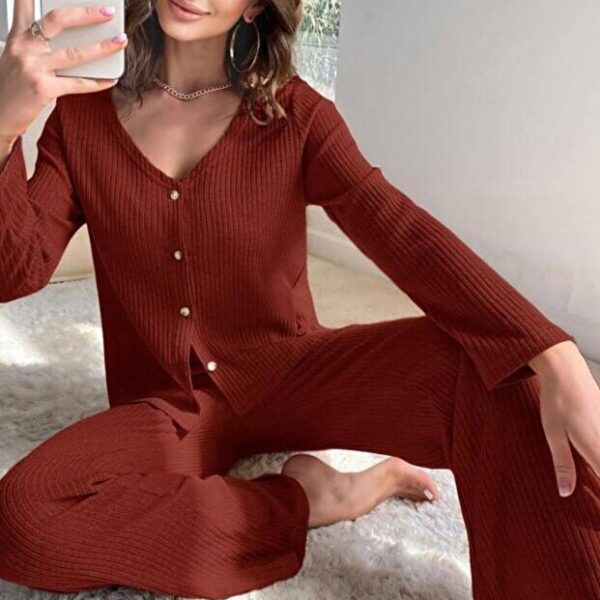 V-Neck Cotton Burgundy Buttoned Long Pajama Set