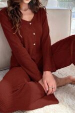 V-Neck Cotton Burgundy Buttoned Long Pajama Set - Image 2