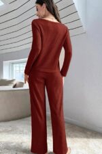 V-Neck Cotton Burgundy Buttoned Long Pajama Set - Image 3